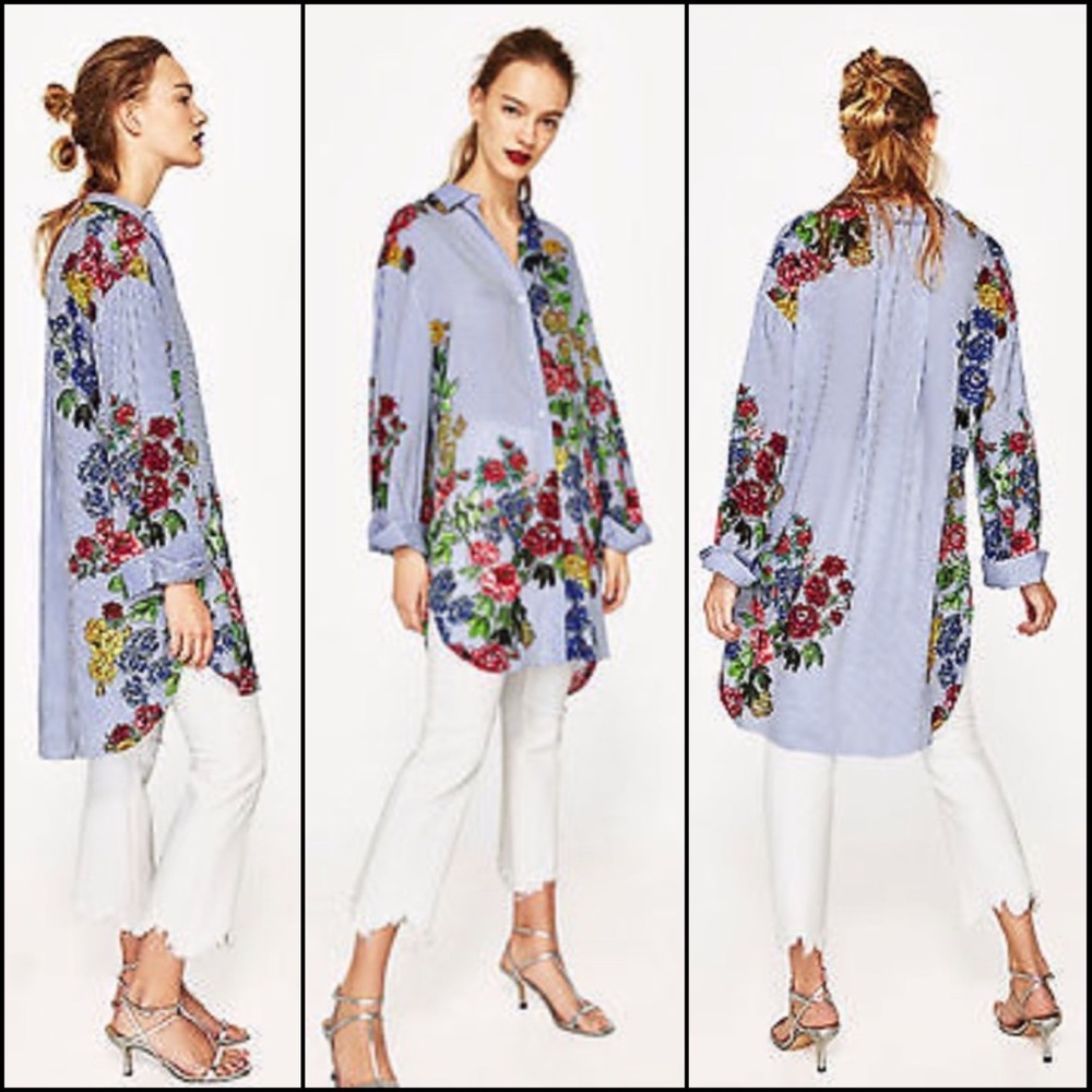 Zara Woman Pinstripe Floral Print Button Down Tunic Shirt Top